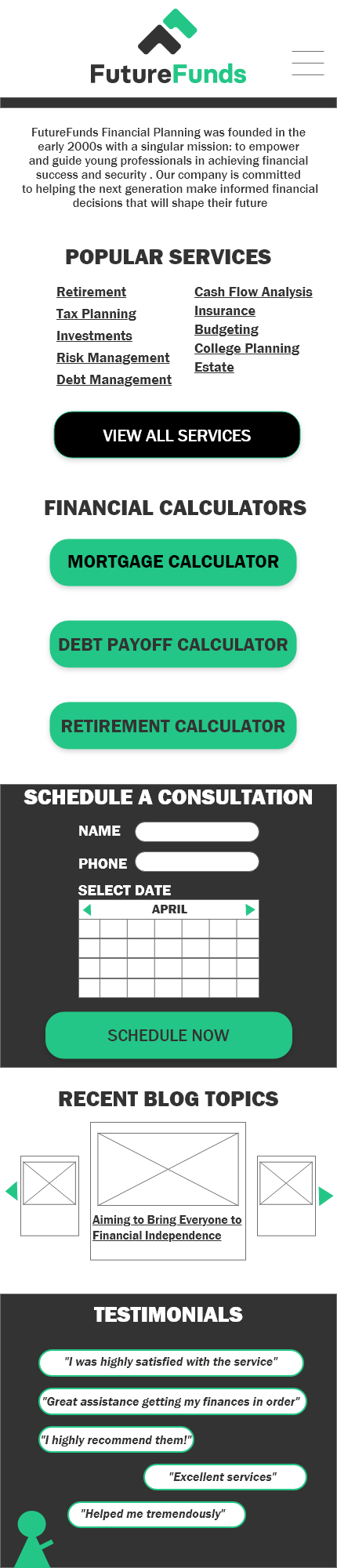Mobile design for the FutureFunds financial-planning landing page