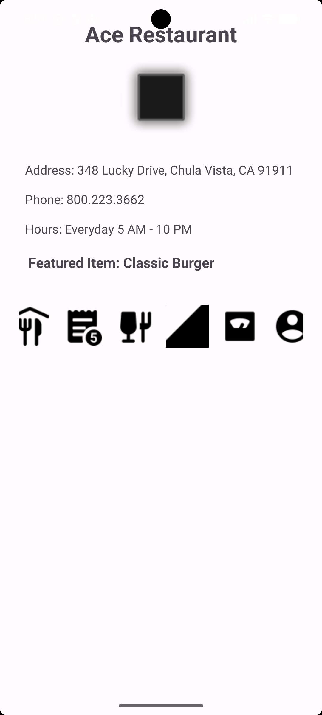 Ace Restaurant home screen showing restaurant information
