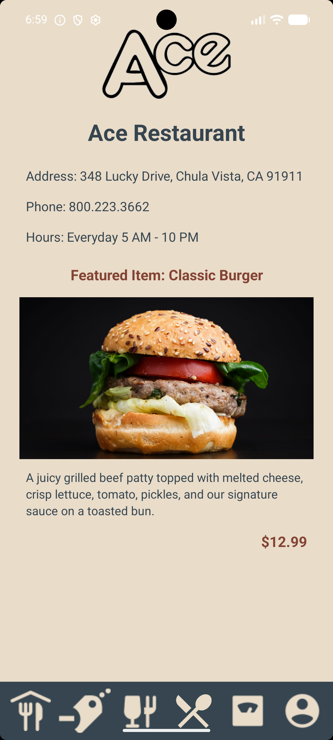 Ace Restaurant application's home screen