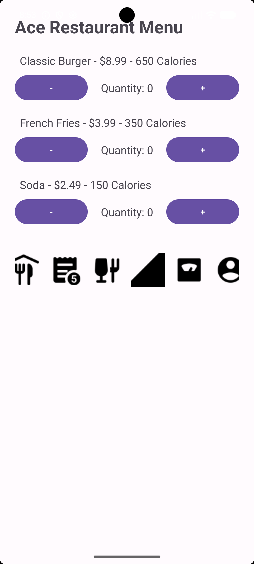 Ace Restaurant menu with selected item quantities