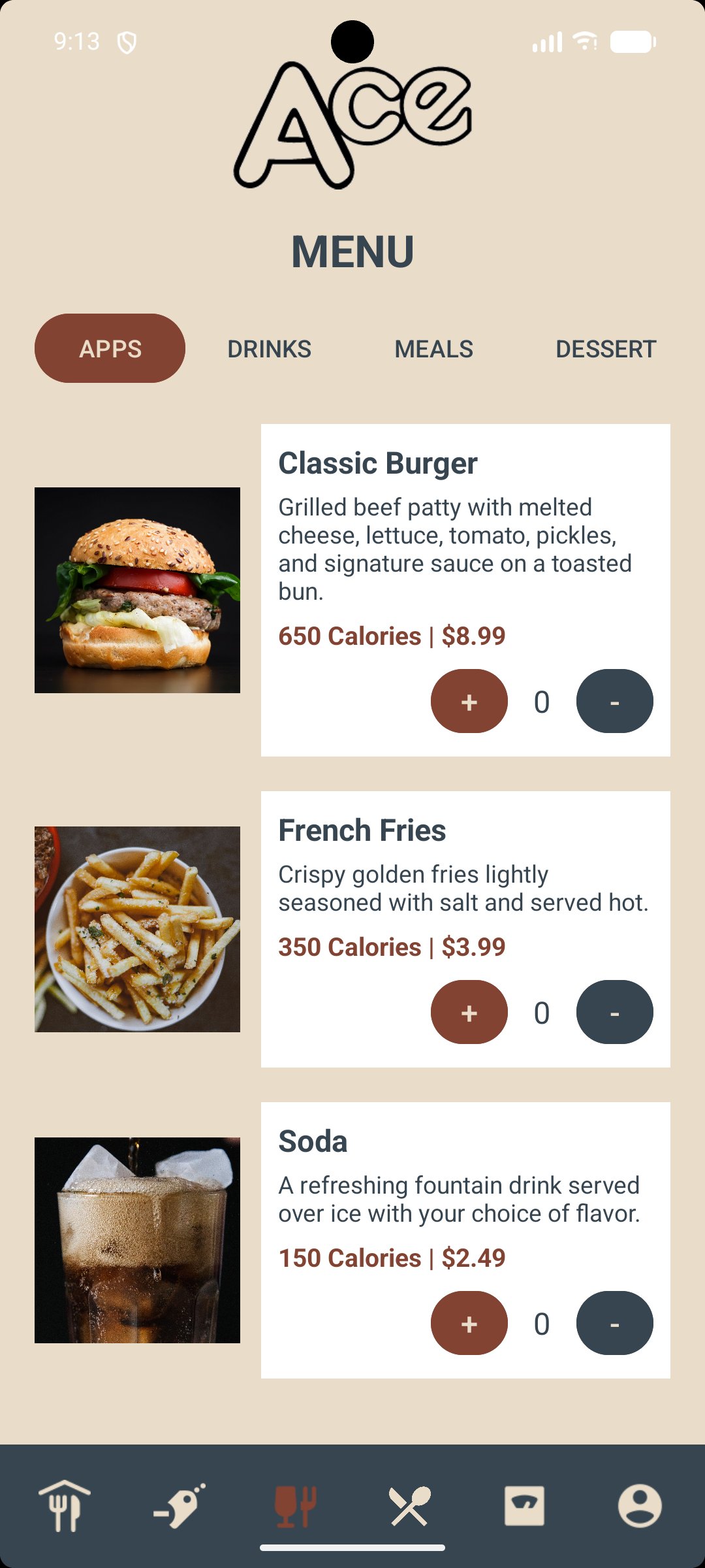Final mobile interface for the Ace Restaurant ordering application