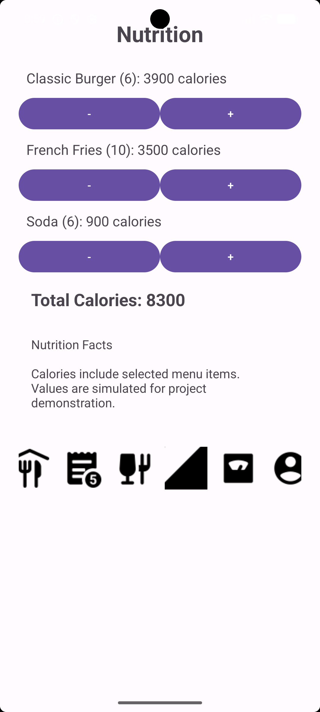 Ace Restaurant nutrition screen showing selected foods and total calories