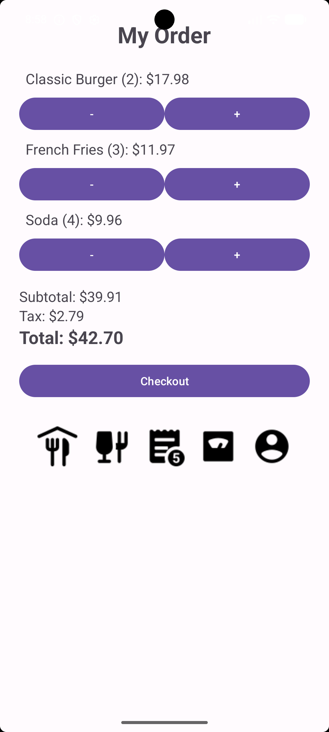 Ace Restaurant order screen showing quantities and calculated total