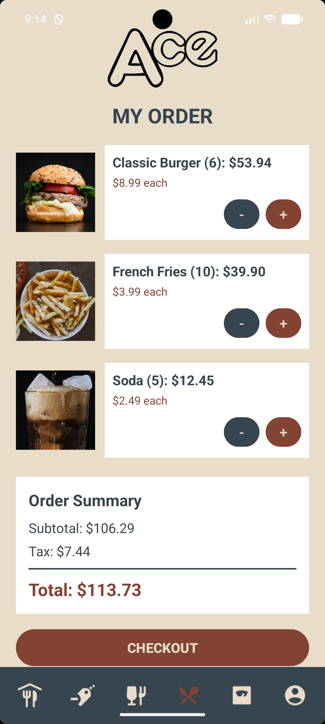 Final mobile ordering screen from the Ace Restaurant application