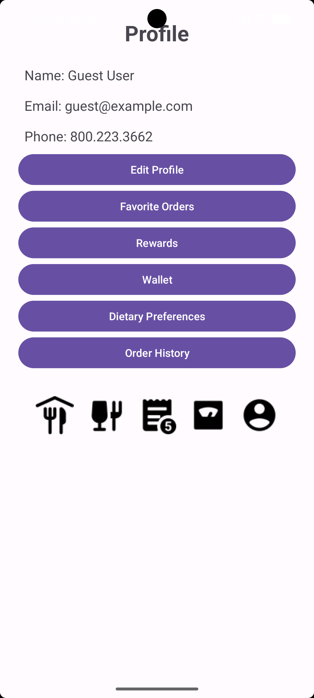 Ace Restaurant profile screen with account and preference options