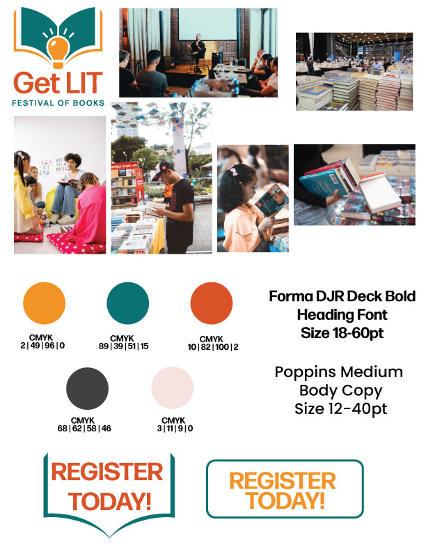Get LIT campaign mood board showing colors, typography, imagery, logo, and calls to action