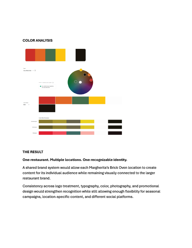 Margherita's Brick Oven brand analysis page eight showing color analysis and the final brand consistency outcome