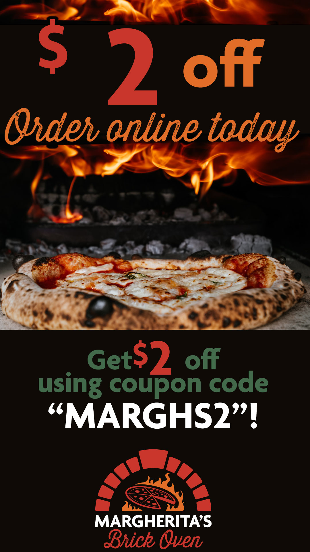 Margherita's Brick Oven Instagram Story promoting two dollars off online orders