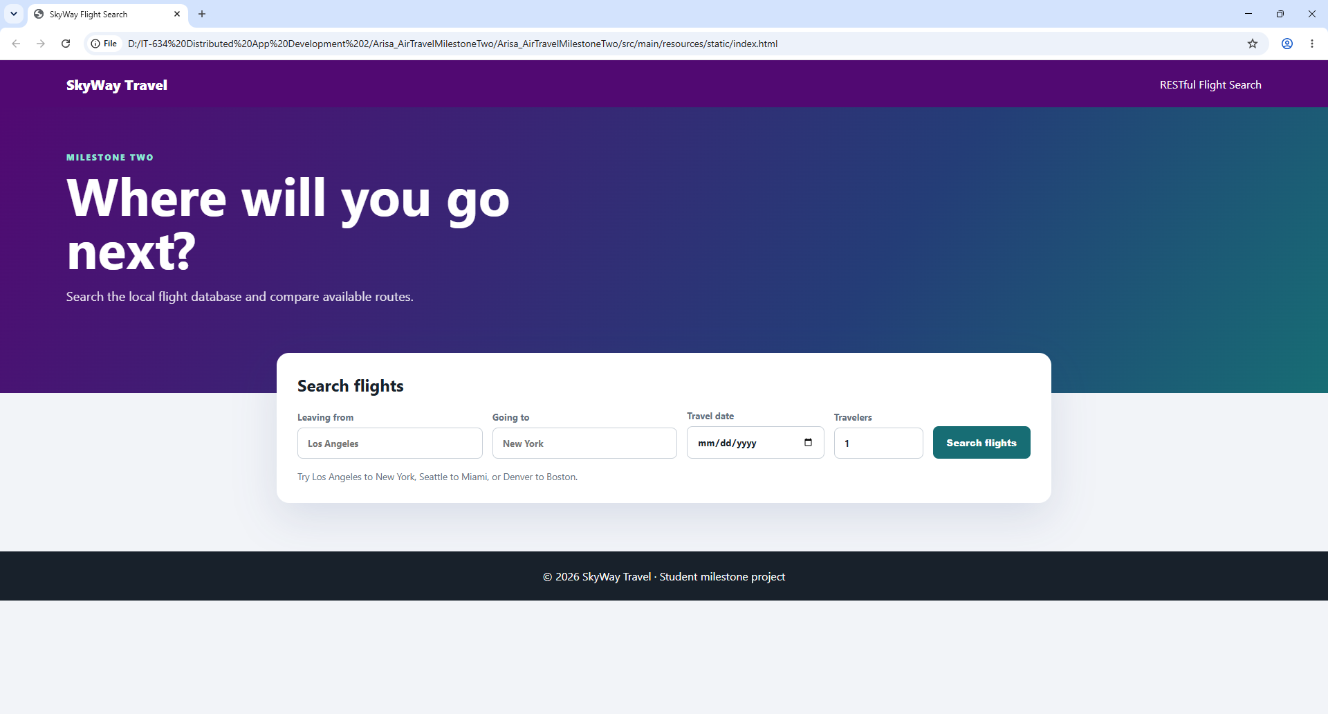 SkyWay Air Travel flight search application interface