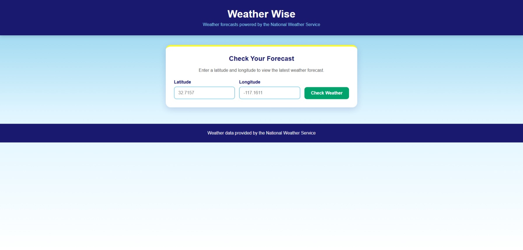 Weather Wise home screen with latitude and longitude forecast form