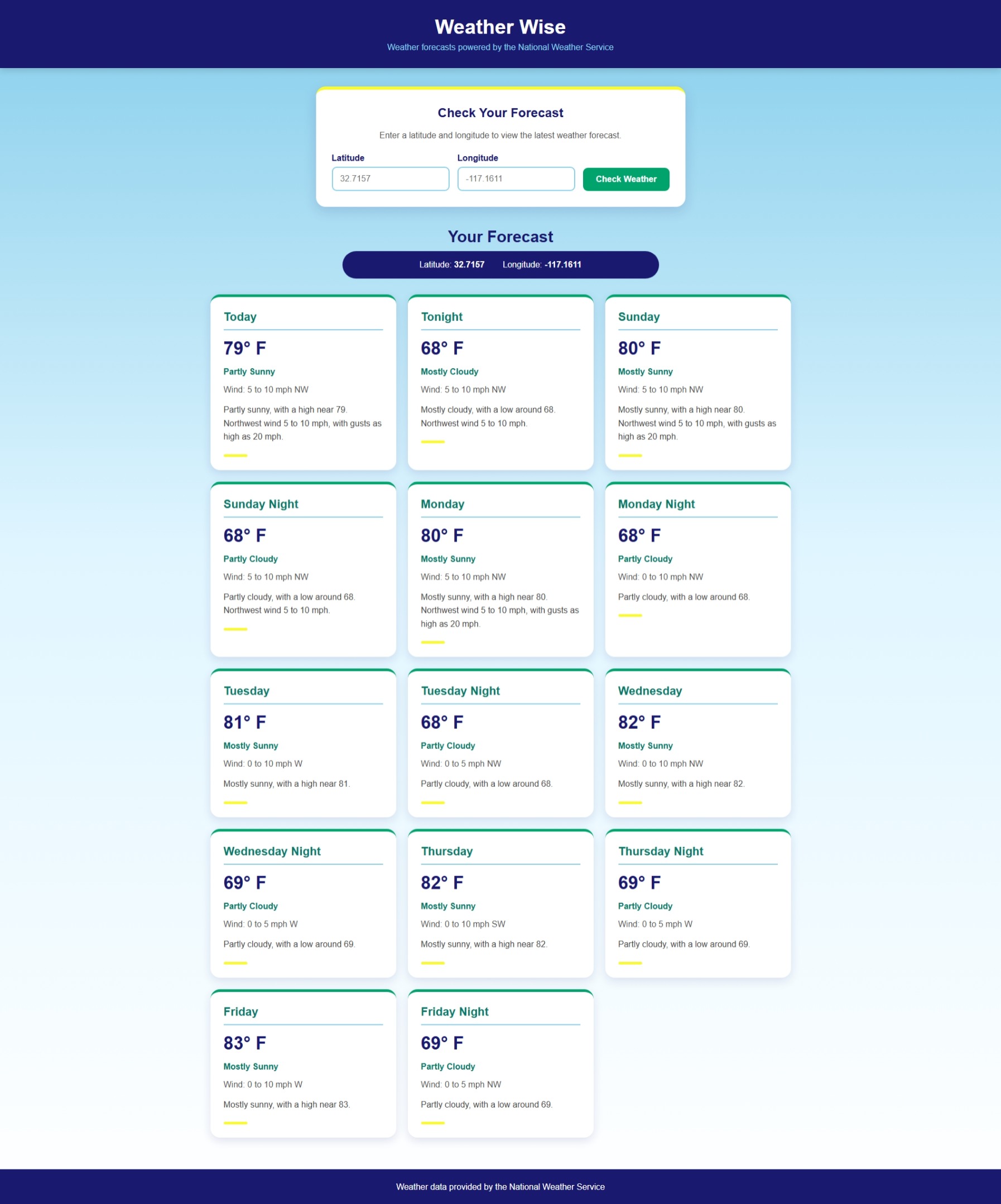 Weather Wise displaying forecast results returned by the National Weather Service API